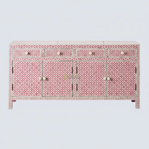 Bone Inlay Star Design 4 Drawers & 4 Doors Cabinet Table Pink