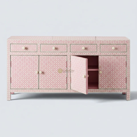 Bone Inlay Star Design 4 Drawers & 4 Doors Cabinet Table Pink