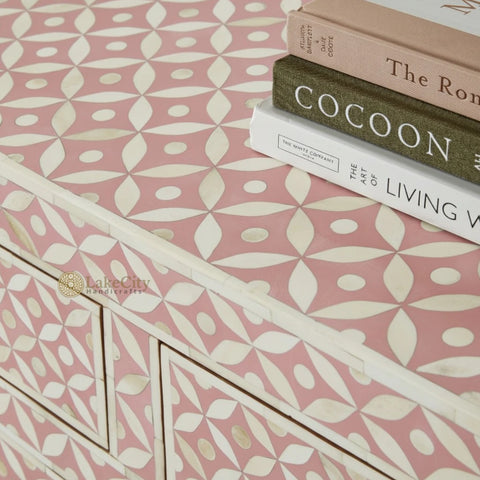 Bone Inlay Star Design 4 Drawers & 4 Doors Cabinet Table Pink