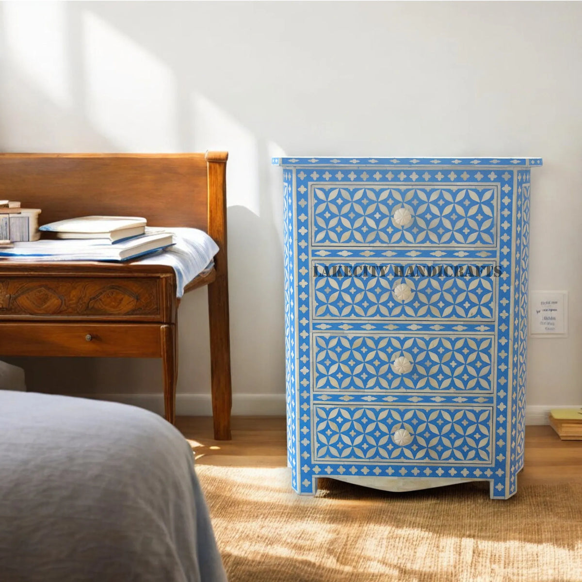 Bone Inlay Star Design 4 Drawers Bedside Table Blue | Blue Nightstand Table