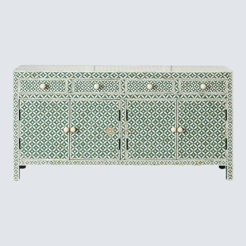Bone Inlay Star Design 4 Drawers & 4 Doors Cabinet Table Green