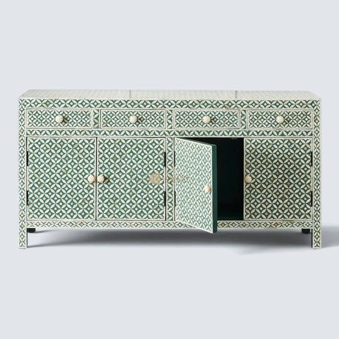 Bone Inlay Star Design 4 Drawers & 4 Doors Cabinet Table Green