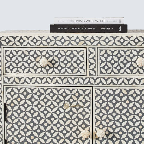 Bone Inlay Star Design 4 Drawers & 4 Doors Cabinet Table Grey