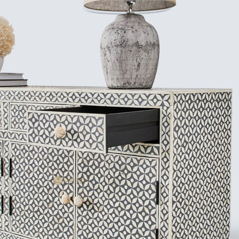 Bone Inlay Star Design 4 Drawers & 4 Doors Cabinet Table Grey