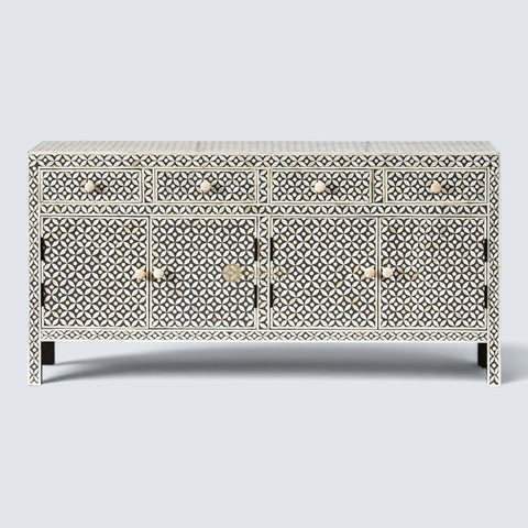 Bone Inlay Star Design 4 Drawers & 4 Doors Cabinet Table Grey
