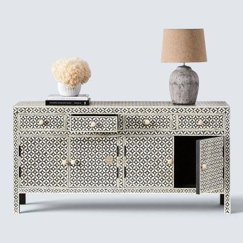 Bone Inlay Star Design 4 Drawers & 4 Doors Cabinet Table Grey