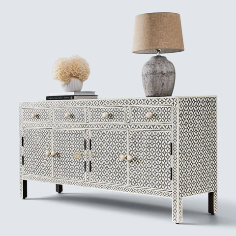 Bone Inlay Star Design 4 Drawers & 4 Doors Cabinet Table Grey