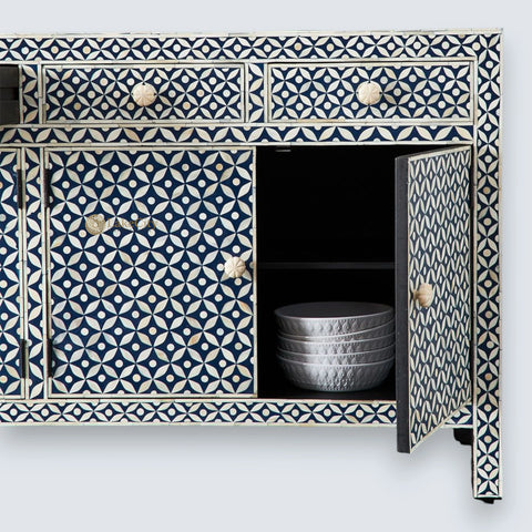 Bone Inlay Star Design 4 Drawers & 4 Doors Cabinet Table Indigo Blue