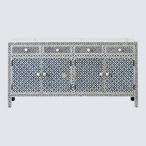 Bone Inlay Star Design 4 Drawers & 4 Doors Cabinet Table Indigo Blue