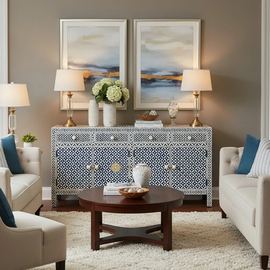 Bone Inlay Star Design 4 Drawers & 4 Doors Cabinet Table Indigo Blue