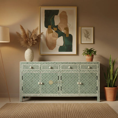 Bone Inlay Star Design 4 Drawers & 4 Doors Cabinet Table Green