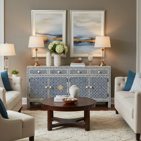 Bone Inlay Star Design 4 Drawers & 4 Doors Cabinet Table Indigo Blue