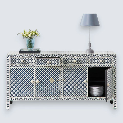 Bone Inlay Star Design 4 Drawers & 4 Doors Cabinet Table Indigo Blue