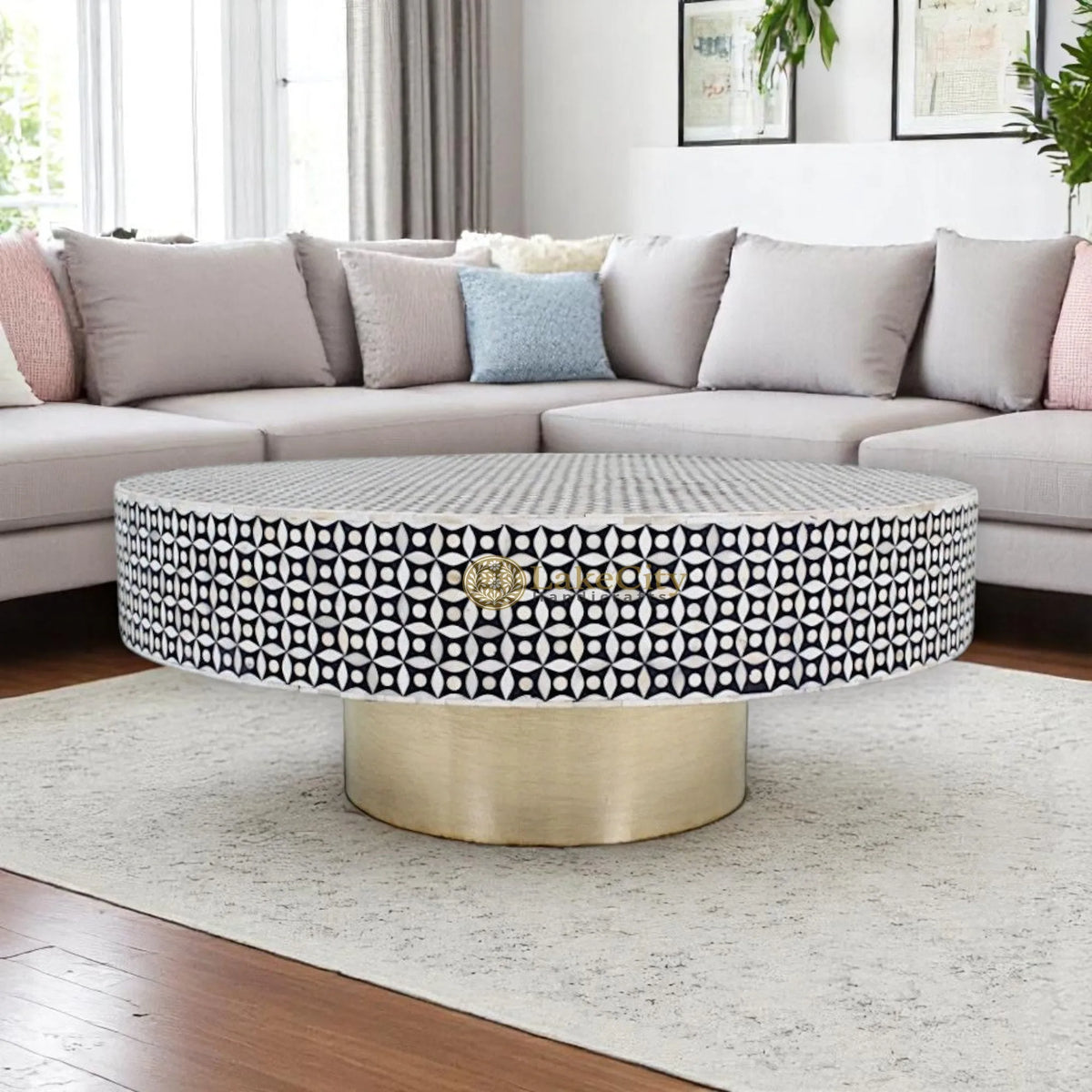 Bone Inlay Circular Table Bone Inlay Star Design Round Coffee Table & Center Table Black ...