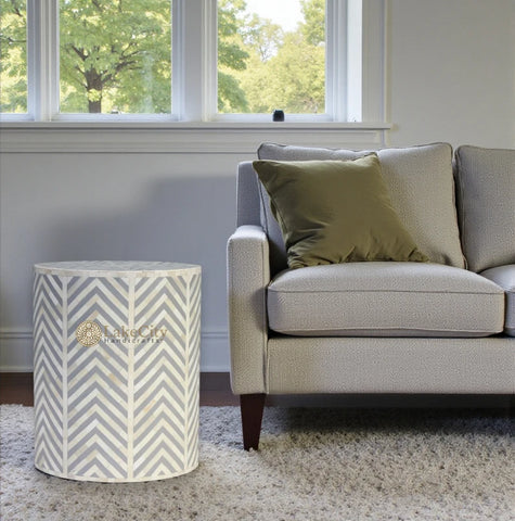 Chevron Bone Inlay Stool Grey