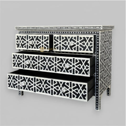 Bone Inlay Star Geometrical Design 4 Drawers Chest Black