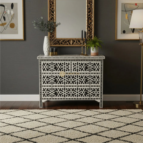 Bone Inlay Star Geometrical Design 4 Drawers Chest Black