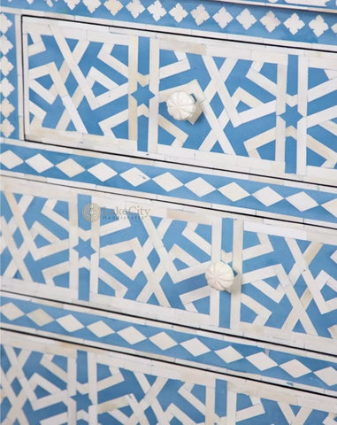 Bone Inlay Star Geometrical Design 4 Drawers Chest Blue