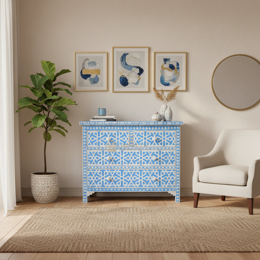 Bone Inlay Star Geometrical Design 4 Drawers Chest Blue