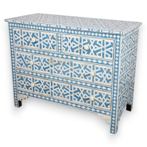 Bone Inlay Star Geometrical Design 4 Drawers Chest Blue