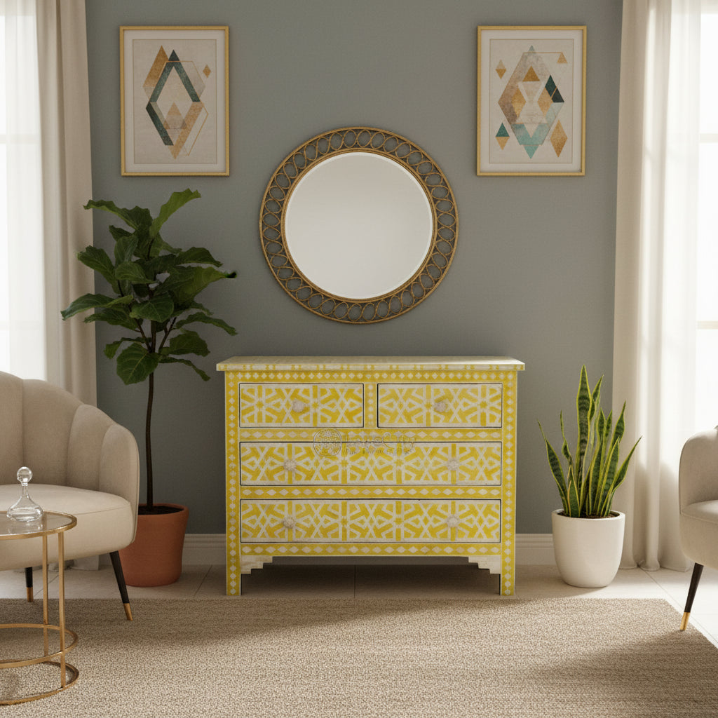 Bone Inlay Star Geometrical Design 4 Drawers Of Chest Yellow