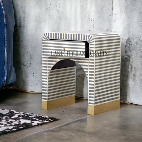 Sadie Bone Inlay Stripe Bedside Grey | Grey Bedside Table | Bone Inlay 1 Drawer Bedside Table