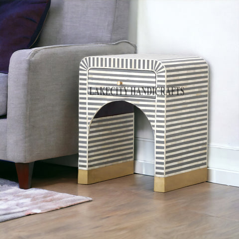 Sadie Bone Inlay Stripe Bedside Grey | Grey Bedside Table | Bone Inlay 1 Drawer Bedside Table
