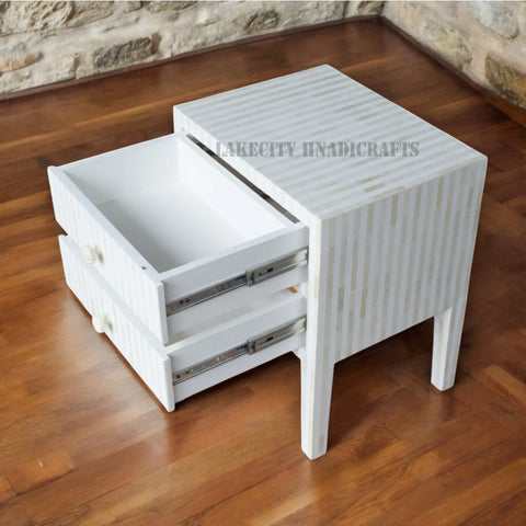 Bone Inlay Stripe Design 2 Drawers Bedside Table White | Bone Inlay Stripe Design 2 Drawers Nightstand Table White