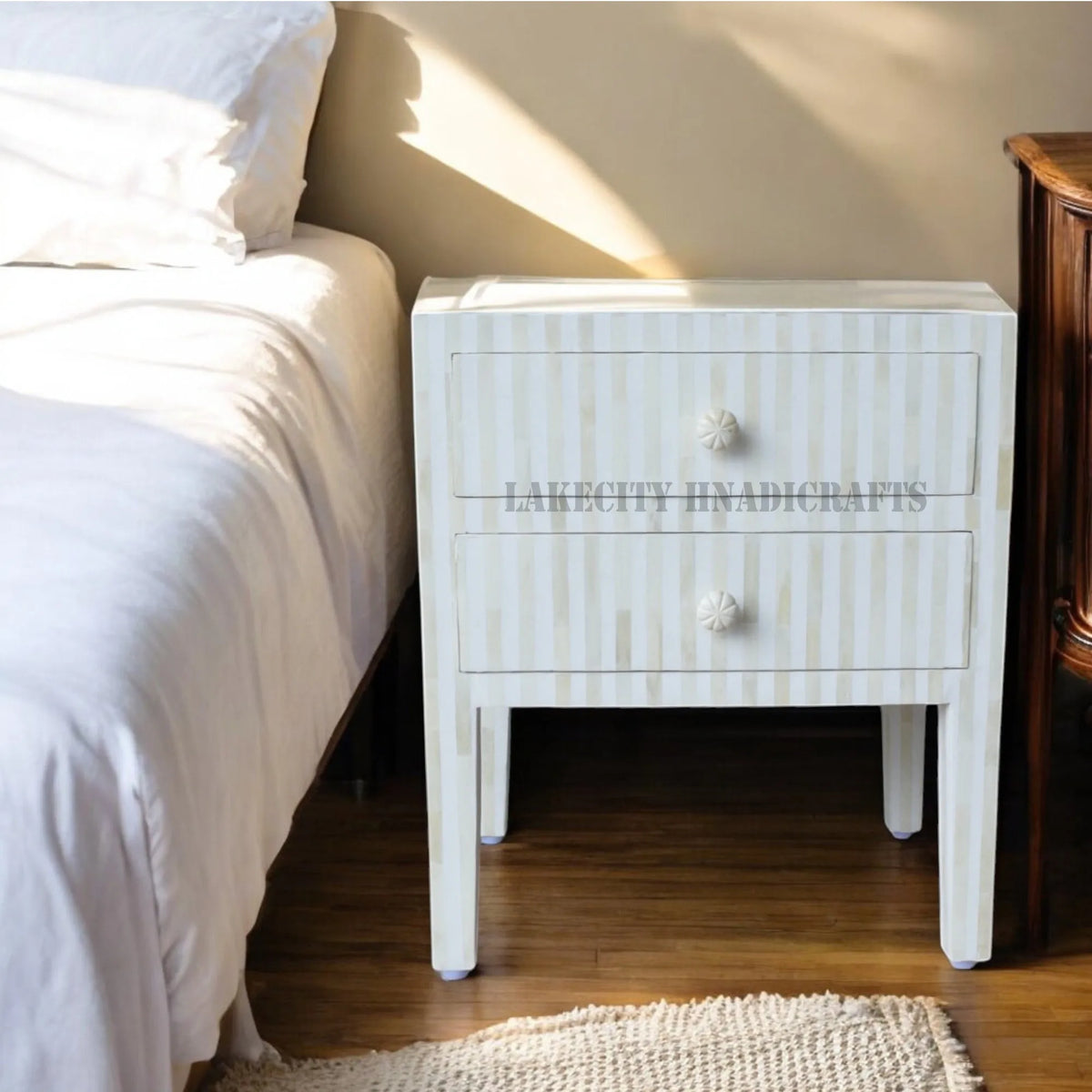 Bone Inlay Stripe Design 2 Drawers Bedside Table White | Bone Inlay Stripe Design 2 Drawers Nightstand Table White