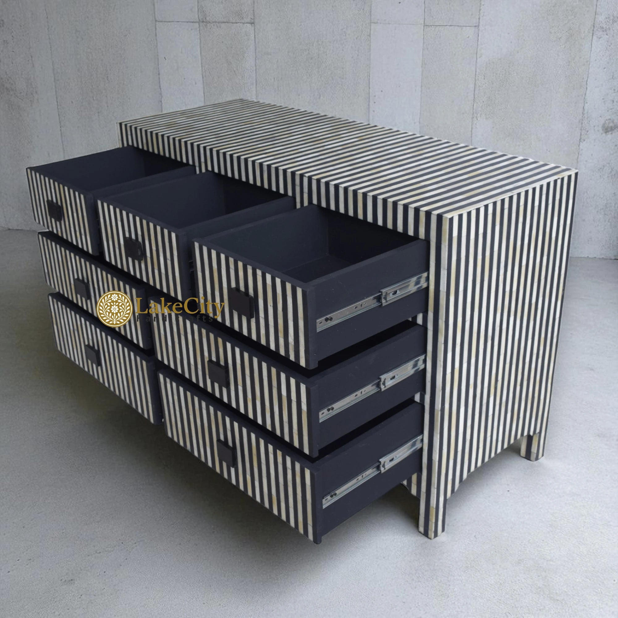 Bone Inlay Stripe Design 7 Drawers Chest Black