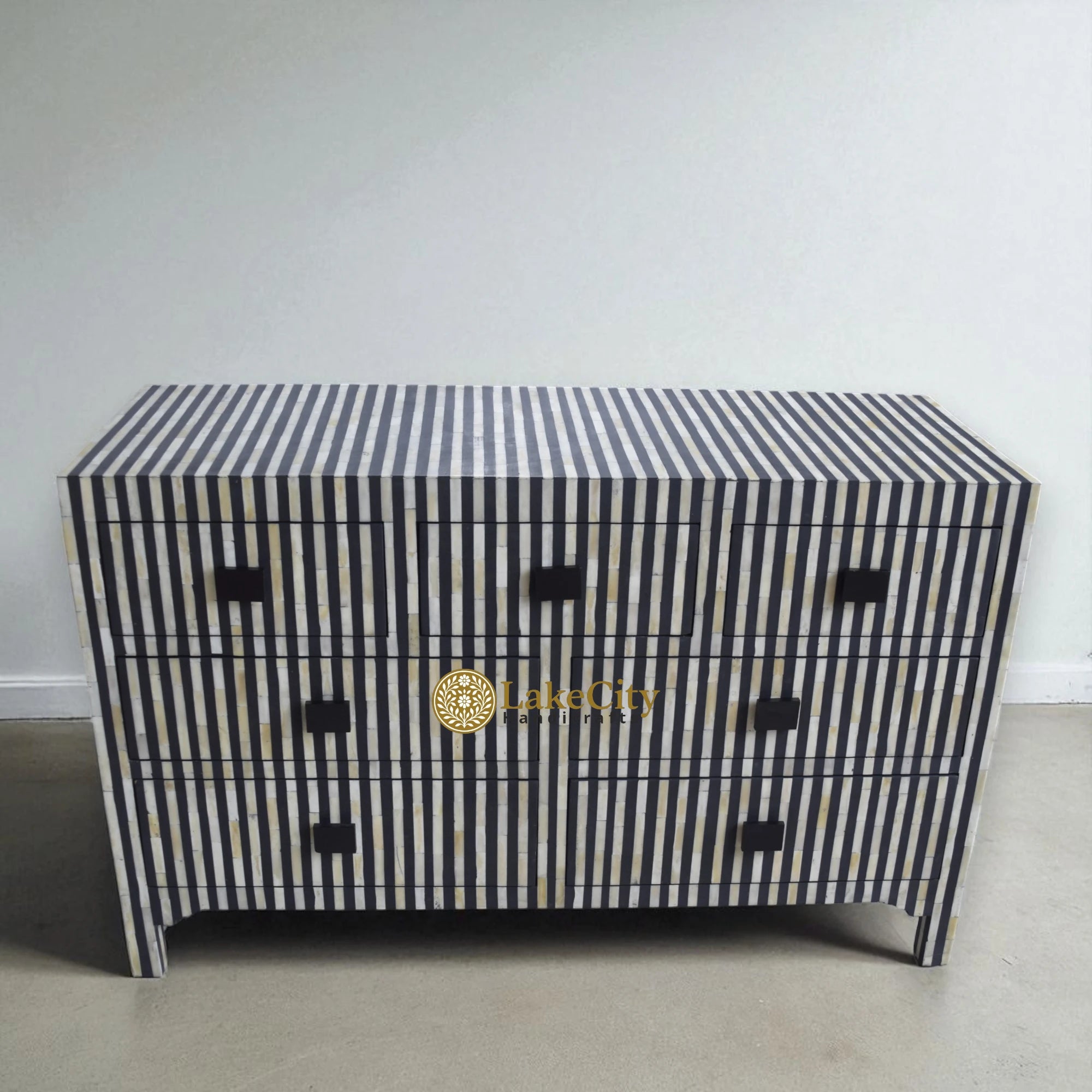 Bone Inlay Stripe Design 7 Drawers Chest Black