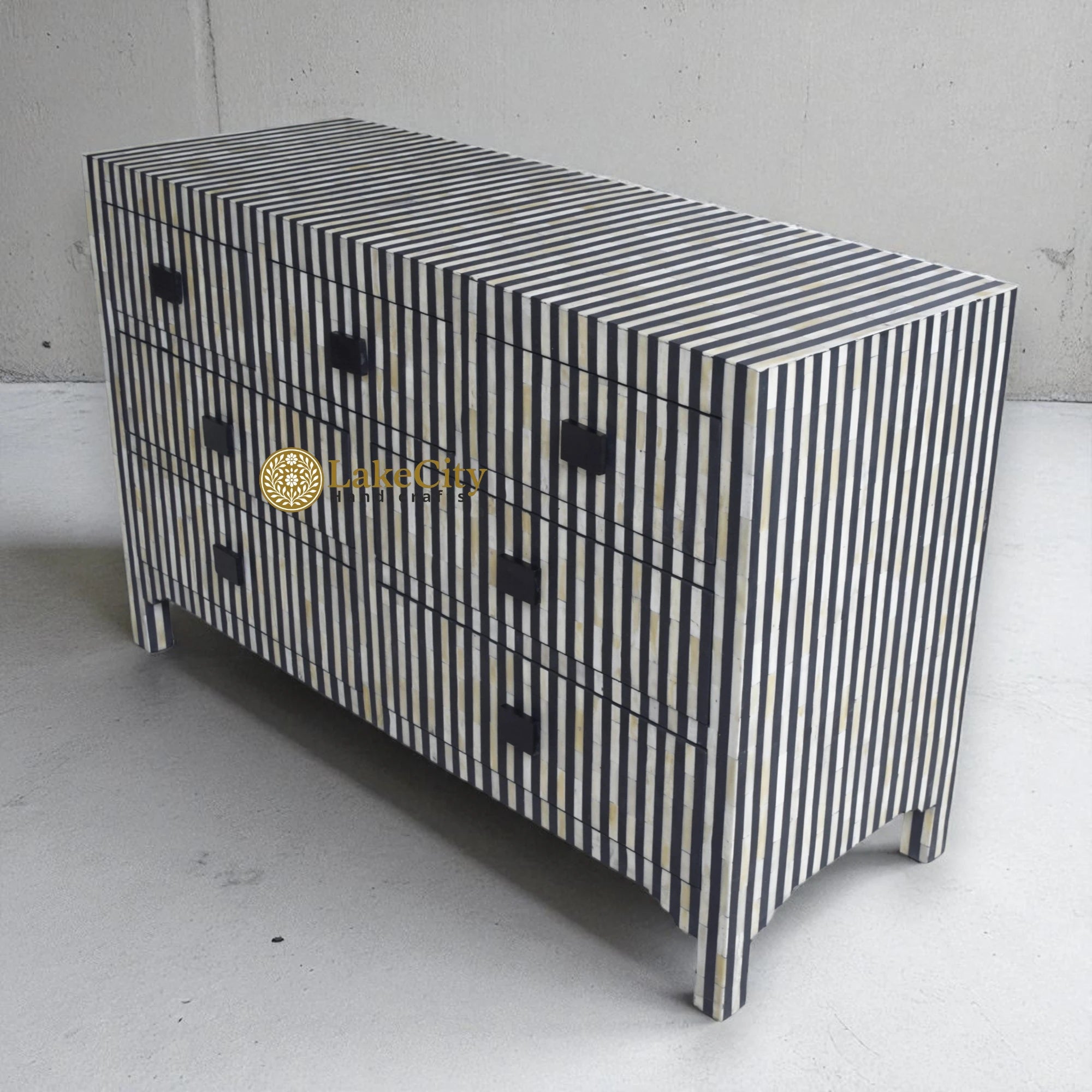 Bone Inlay Stripe Design 7 Drawers Chest Black