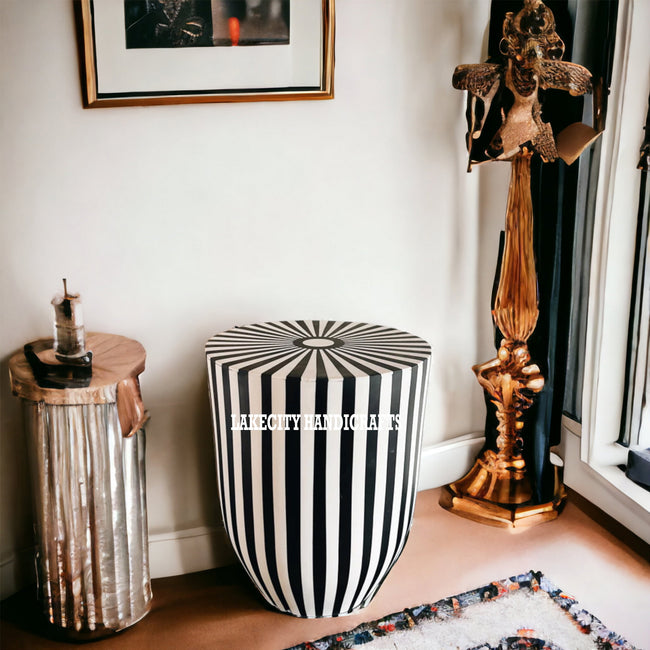 Bone Inlay Stripe Design Drum Side Table Black