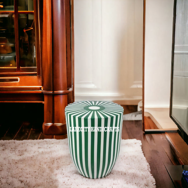 Bone Inlay Stripe Design Drum Side Table Green
