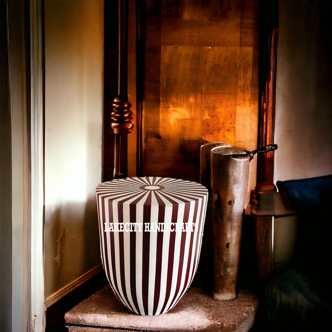 Bone Inlay Stripe Design Drum Side Table Red Wine