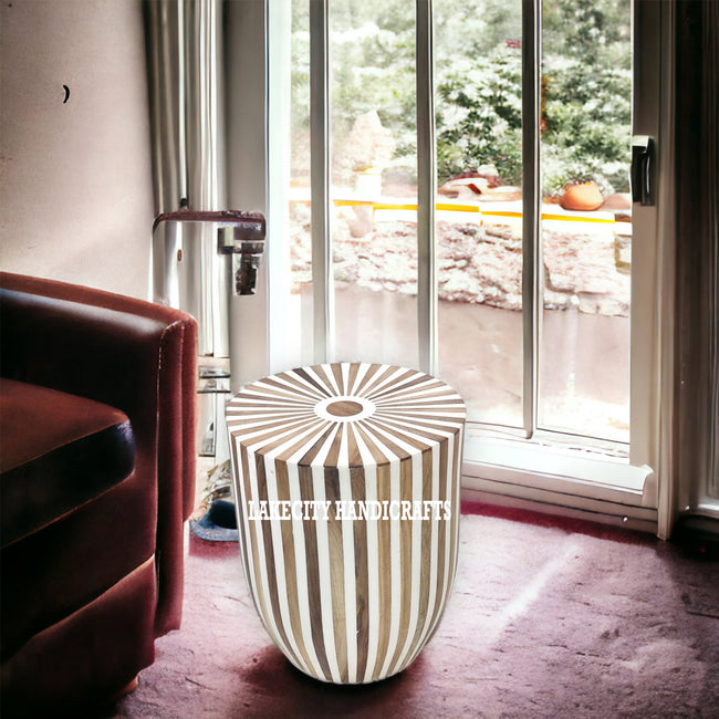 Bone Inlay Stripe Design Drum Side Table Wooden