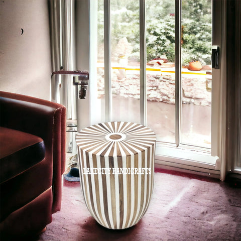 Bone Inlay Stripe Design Drum Side Table