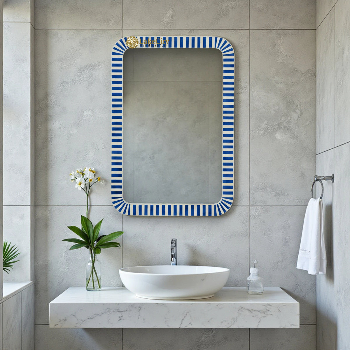 Bone Inlay Stripe Design Edged Mirror Frame Blue
