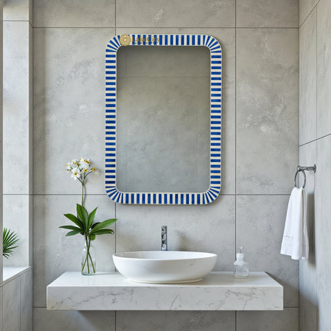 Bone Inlay Stripe Design Edged Mirror Frame Blue