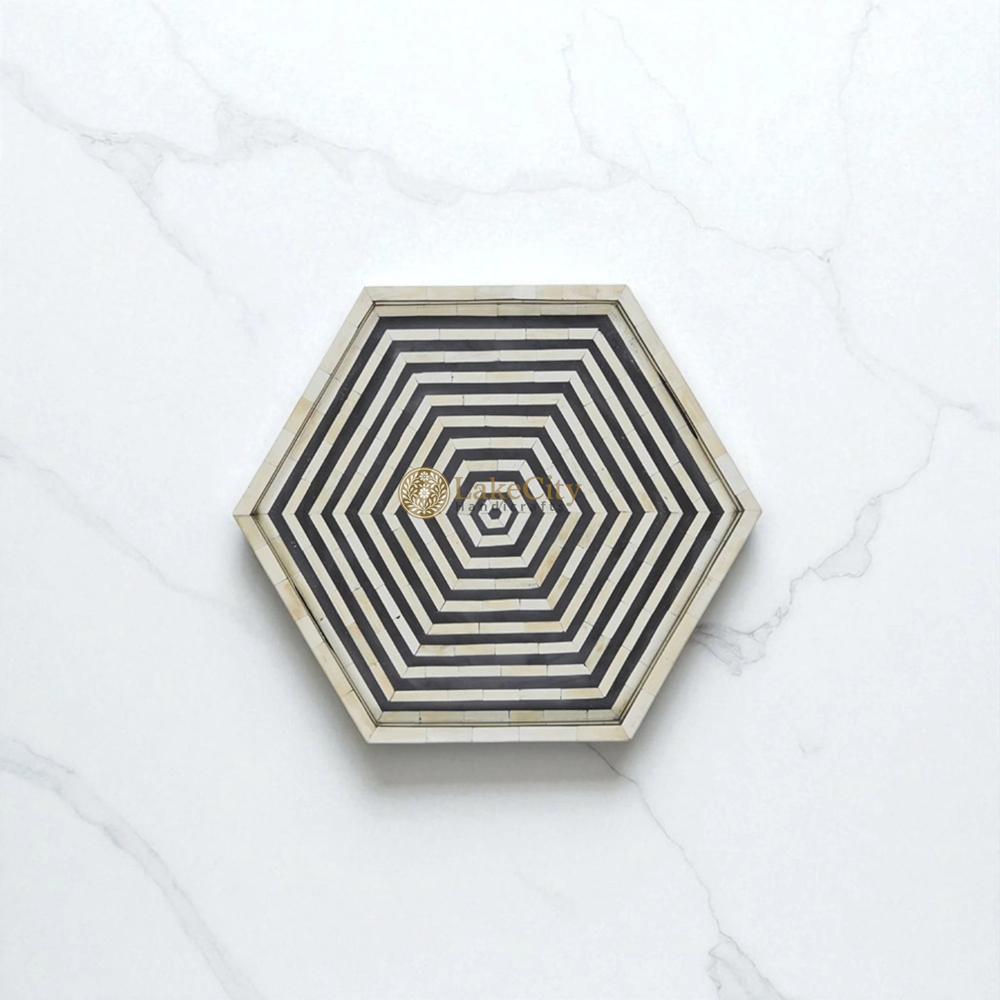 Bone Inlay Stripe Design Hexagon Serving Tray