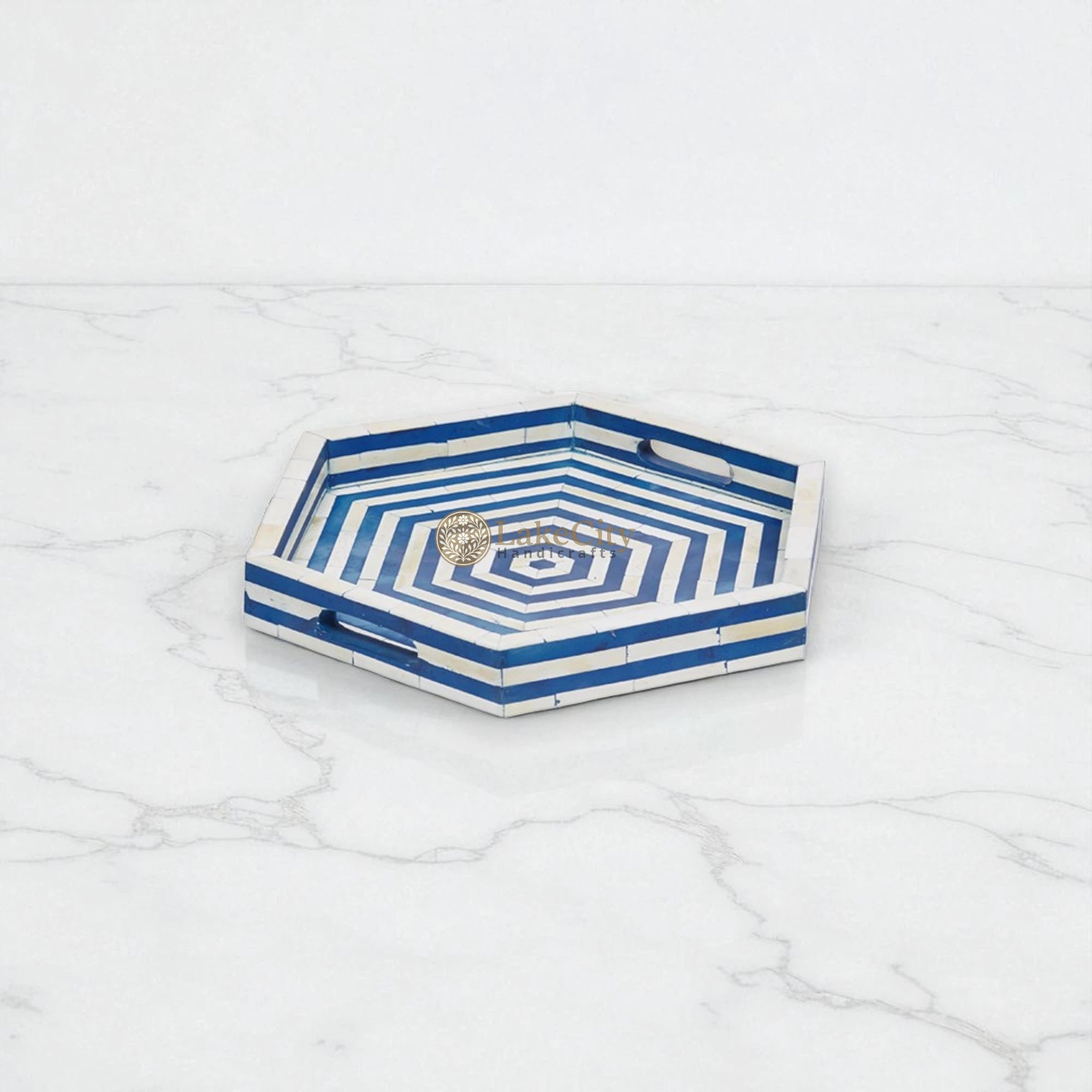 Bone Inlay Stripe Design Hexagon Serving Tray
