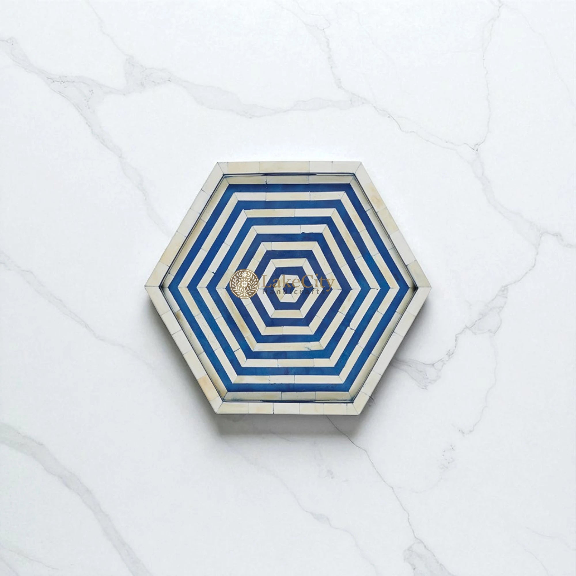 Bone Inlay Stripe Design Hexagon Serving Tray