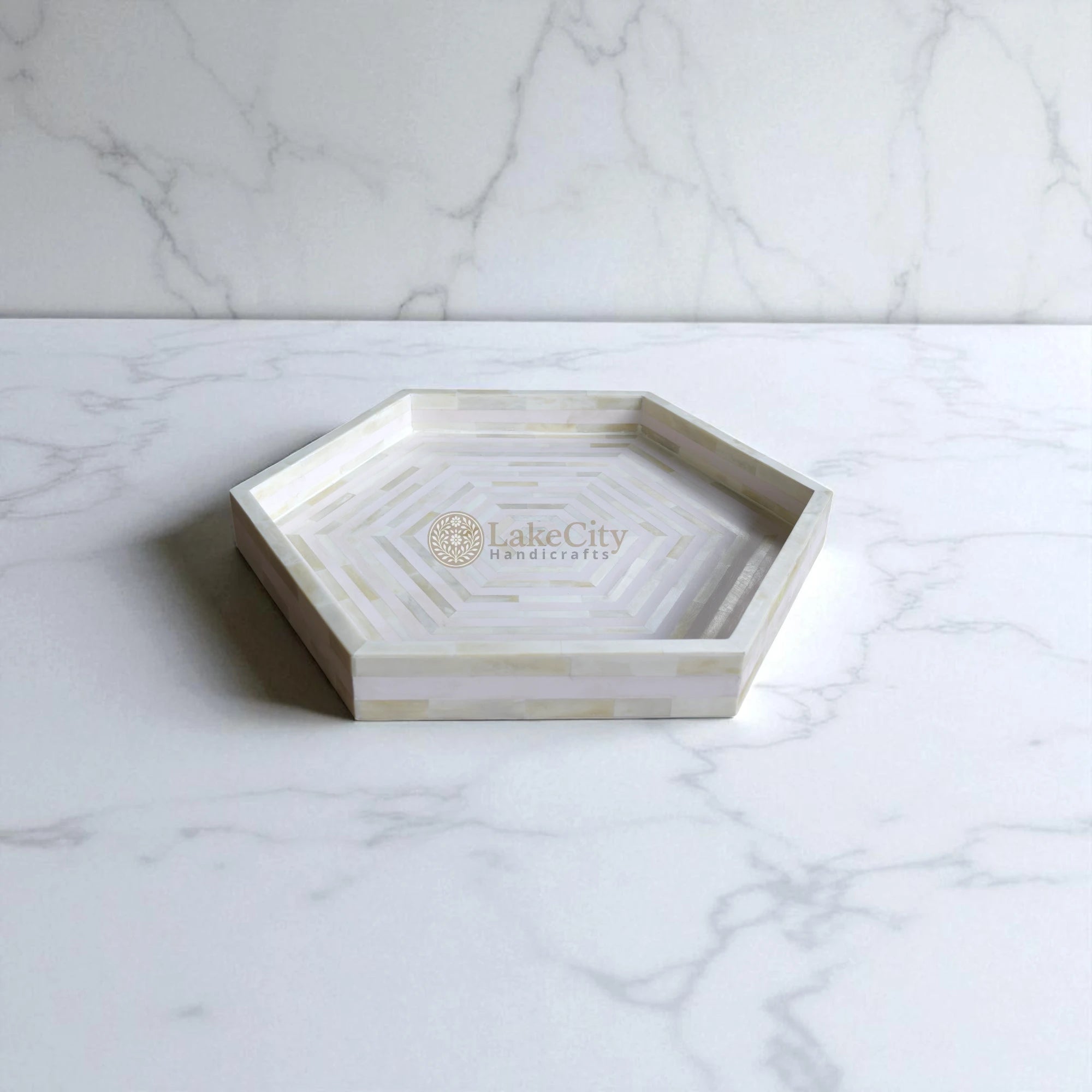 Bone Inlay Stripe Design Hexagon Serving Tray