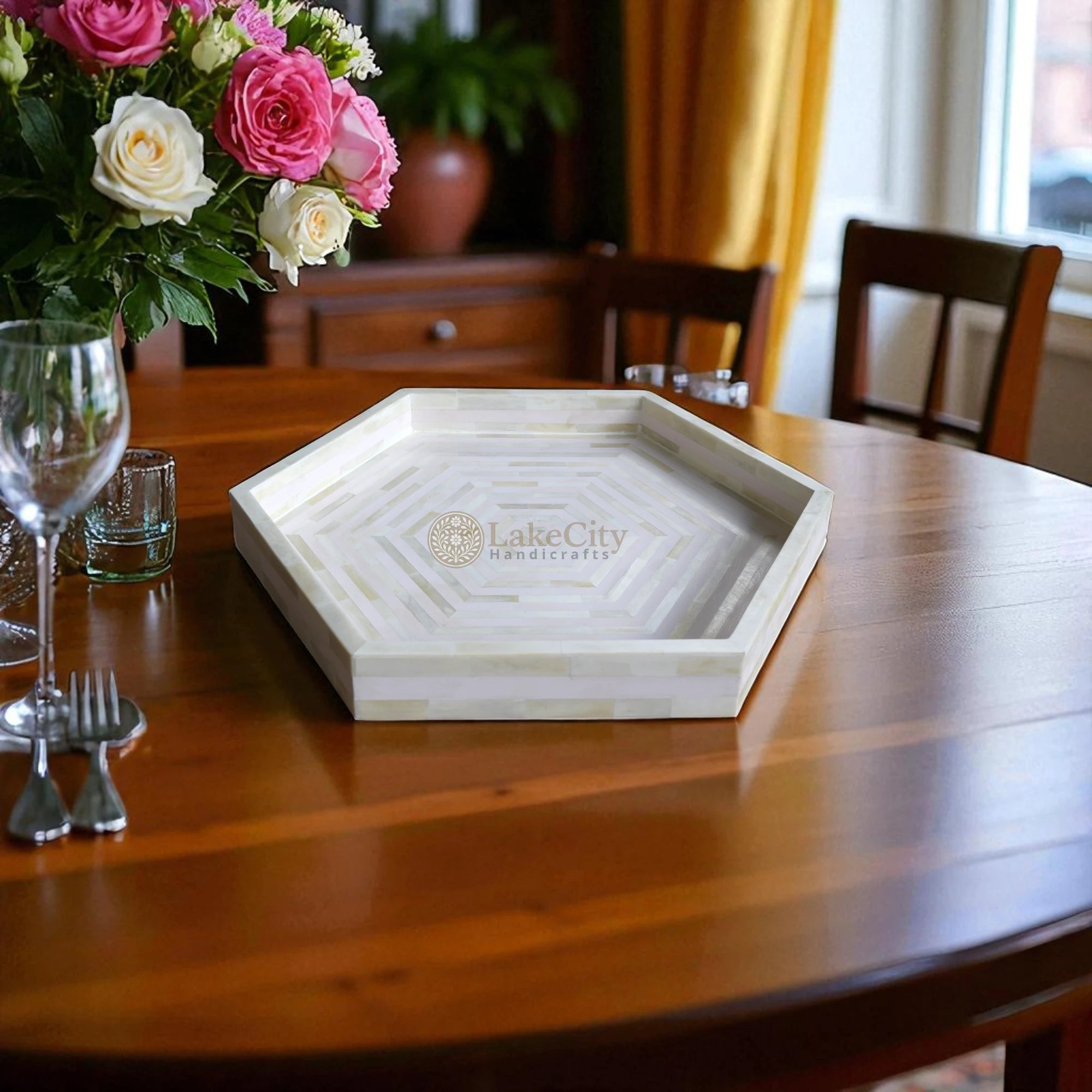 Bone Inlay Stripe Design Hexagon Serving Tray