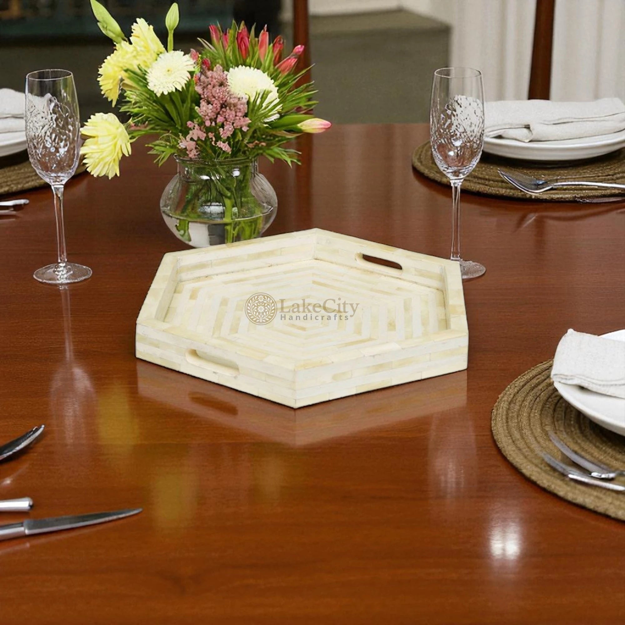Bone Inlay Stripe Design Hexagon Serving Tray