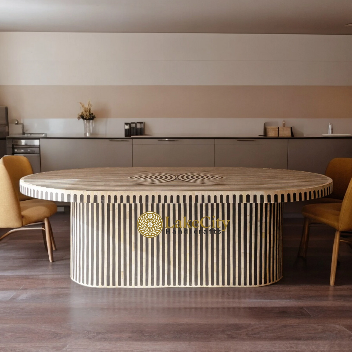 Rue Bone Inlay Oval Shape Stripe Design Dining Table