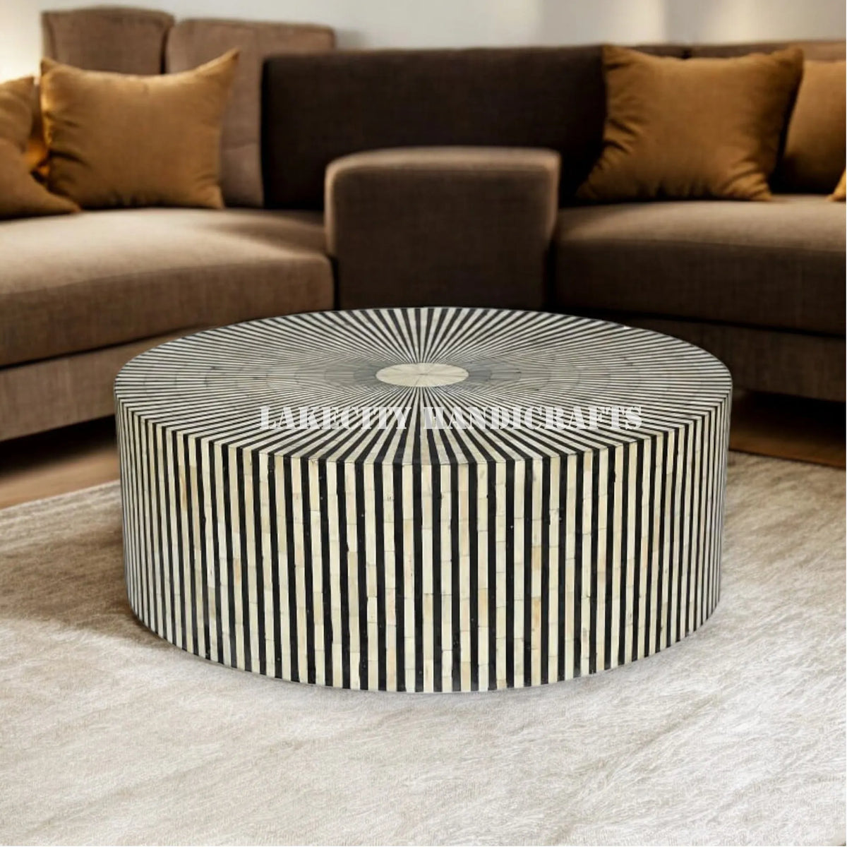 Bone Inlay Circular Table Bone Inlay Stripe Design Round Black Coffee Table - Lakecity Handicrafts