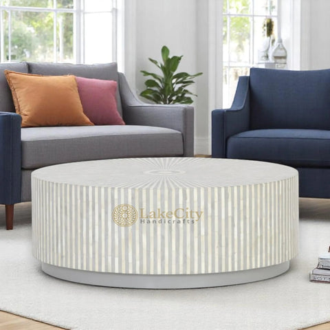 Bone Inlay Stripe Design Round Center Table Grey | Bone Inlay Stripe Design Round Coffee Table Grey