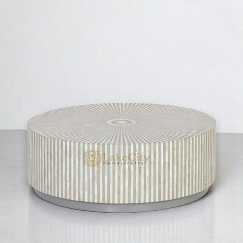 Bone Inlay Stripe Design Round Center Table Grey | Bone Inlay Stripe Design Round Coffee Table Grey
