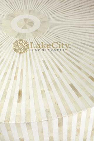 Bone Inlay Stripe Design Round Center Table White | Bone Inlay Stripe Design Round Coffee Table White